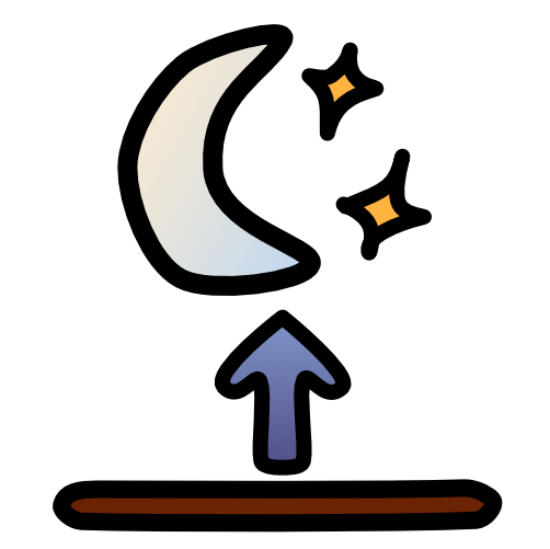 A dark purple arrow sits above a brown line pointing to  a crescent moon sits with 2 yellow stars next to it. The moon has an off white to light blue gradient, and the arrow grades slightly to light blue at the tip.